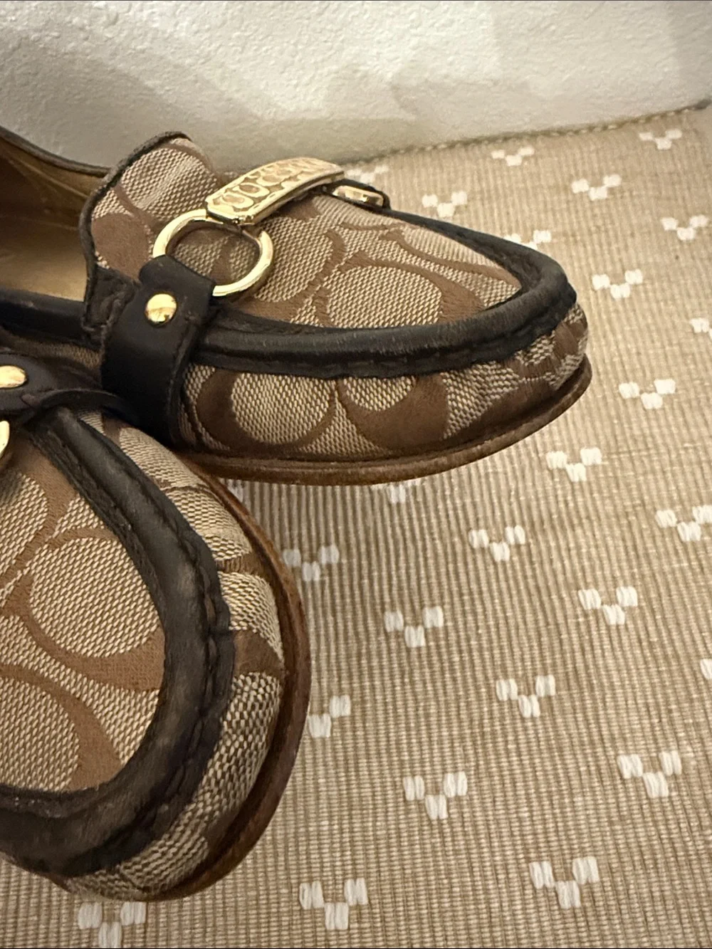 Coach Signature Jacquard Horsebit Loafers Brown Tan Leather Flats Size 7